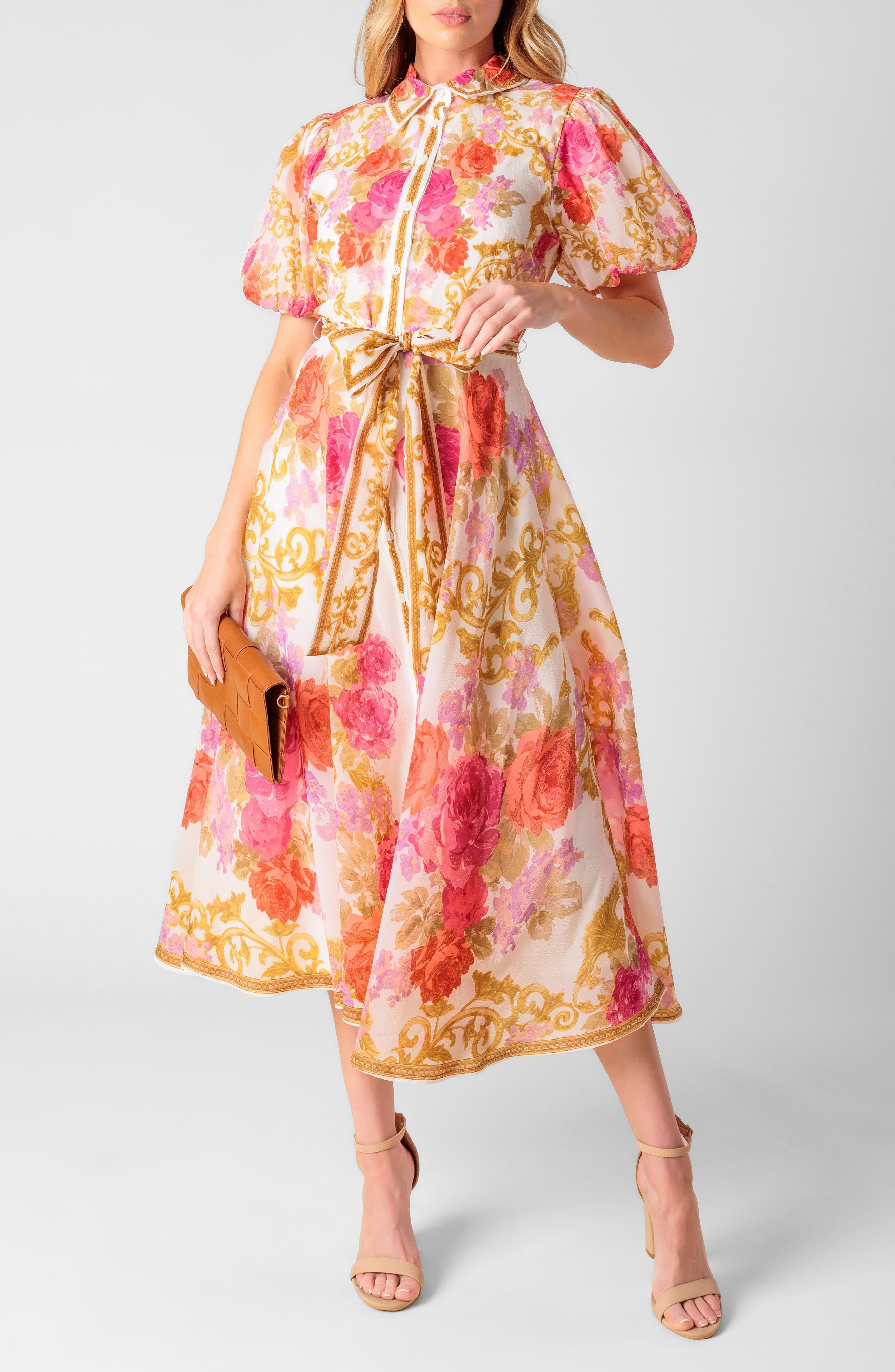 FLYING TOMATO Floral Puff Sleeve Shirtdress