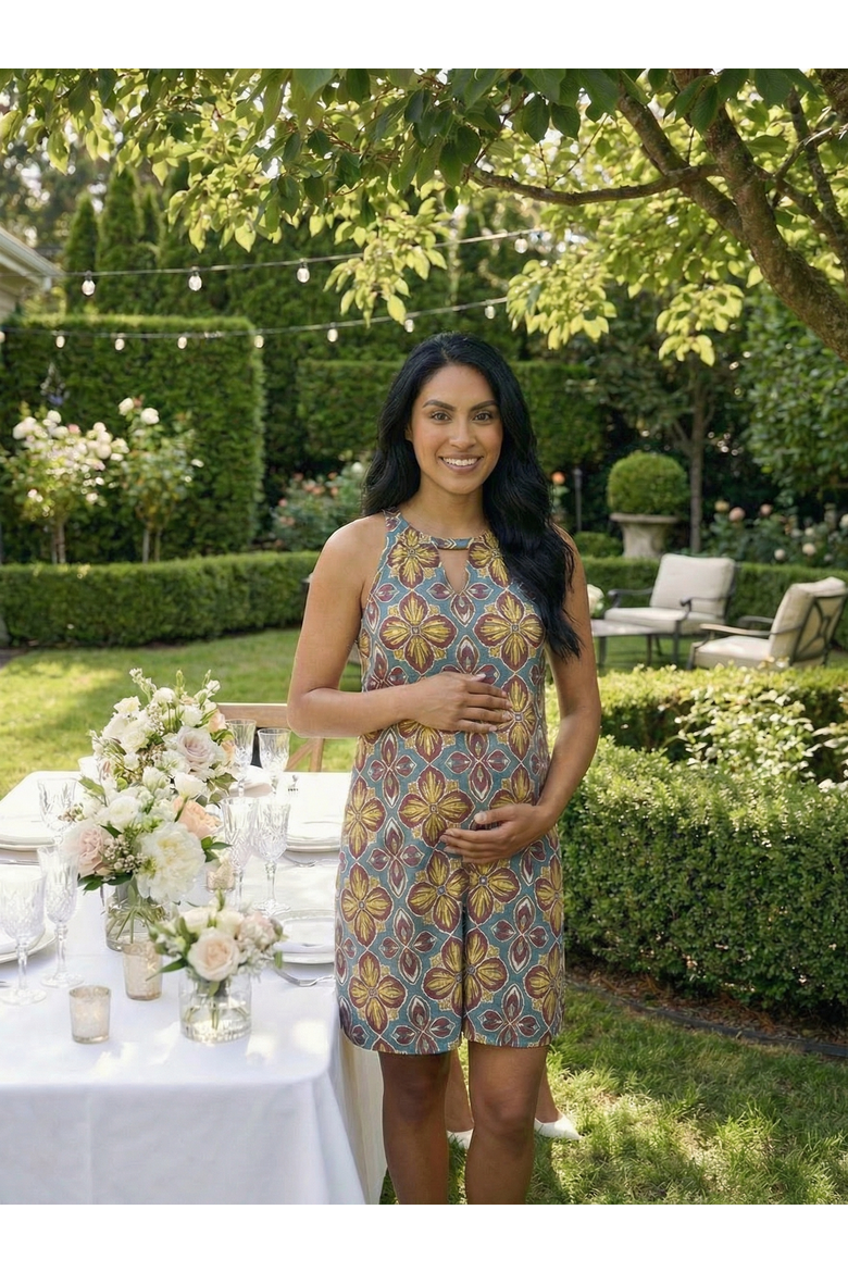 Maternity Floral Knee Length Paisley Sleeveless Keyhole Dress, Alternate, color, Blue Multi