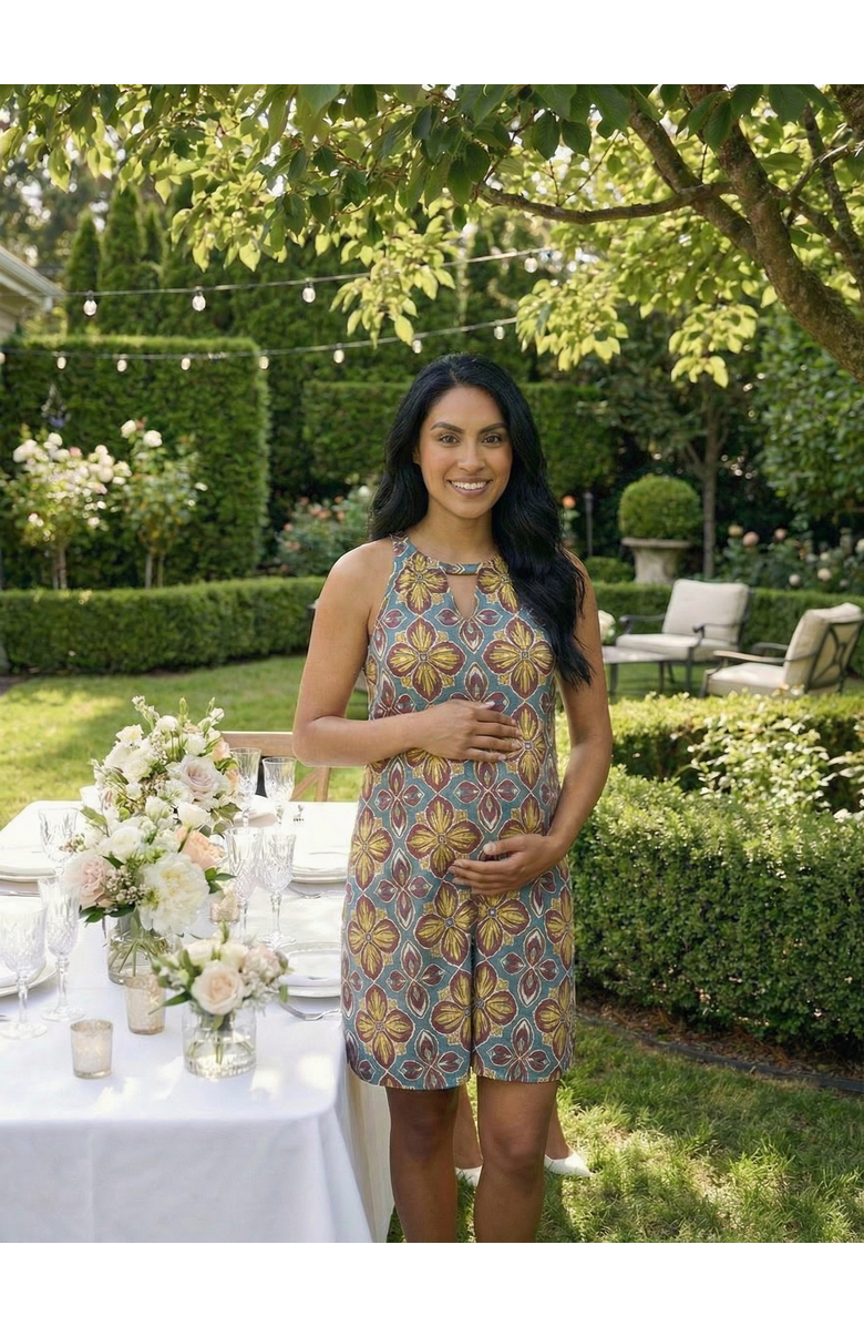 24seven Comfort Apparel Maternity Floral Knee Length Paisley Sleeveless Keyhole Dress, Alternate, color, Blue Multi