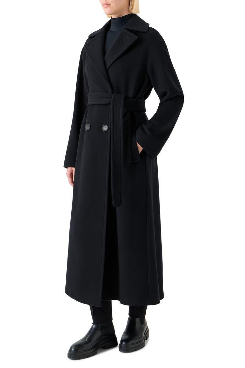 Double Breasted Belted Wool Blend Coat, Alternate, color, BLACK