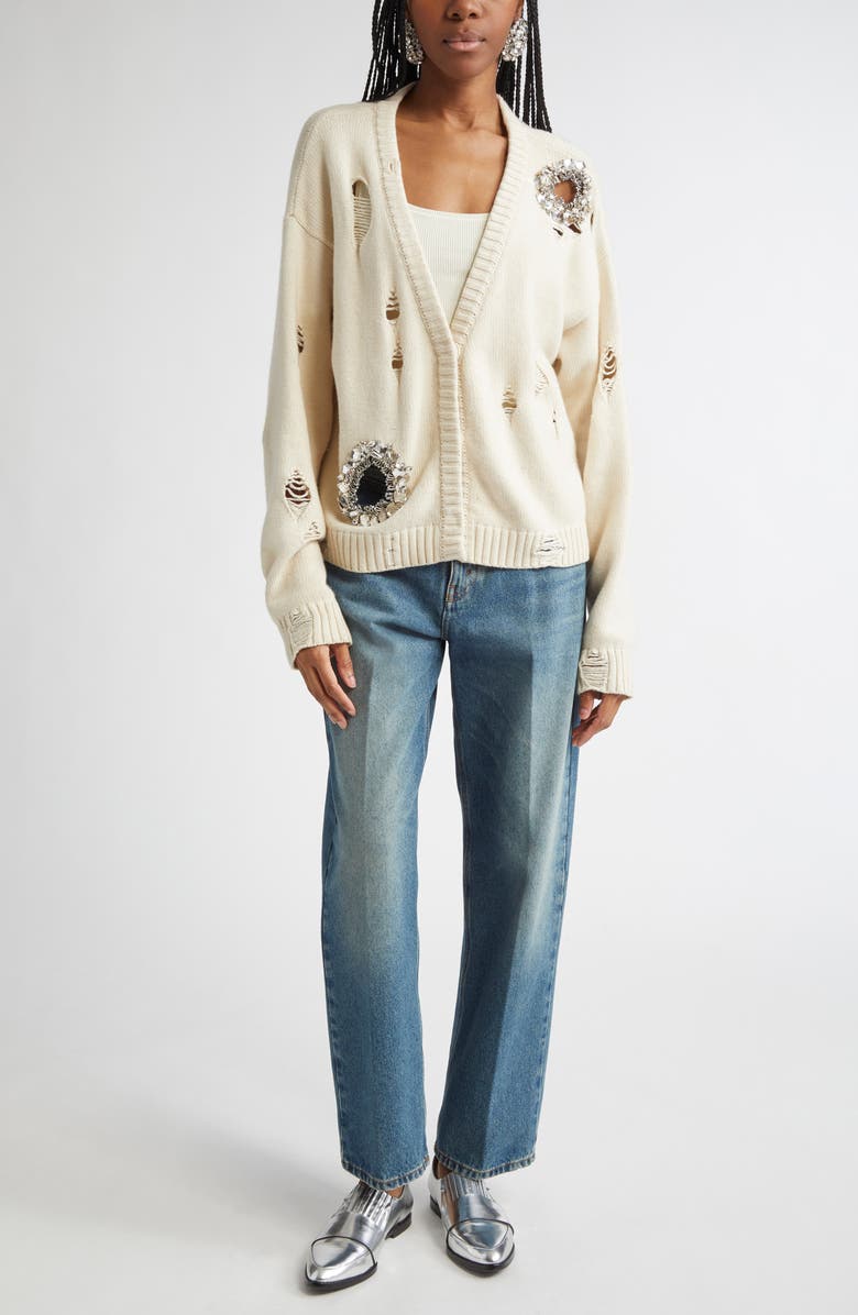 Area Distressed Crystal Cardigan, Alternate, color, Cream