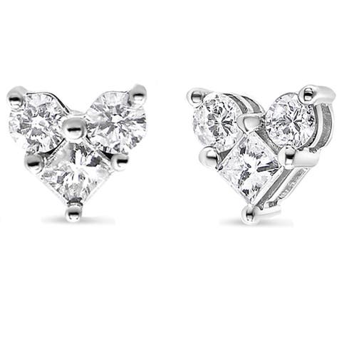 10K White Gold 1/2 Ct Diamond 3 Stone Trio Heart Stud Earring