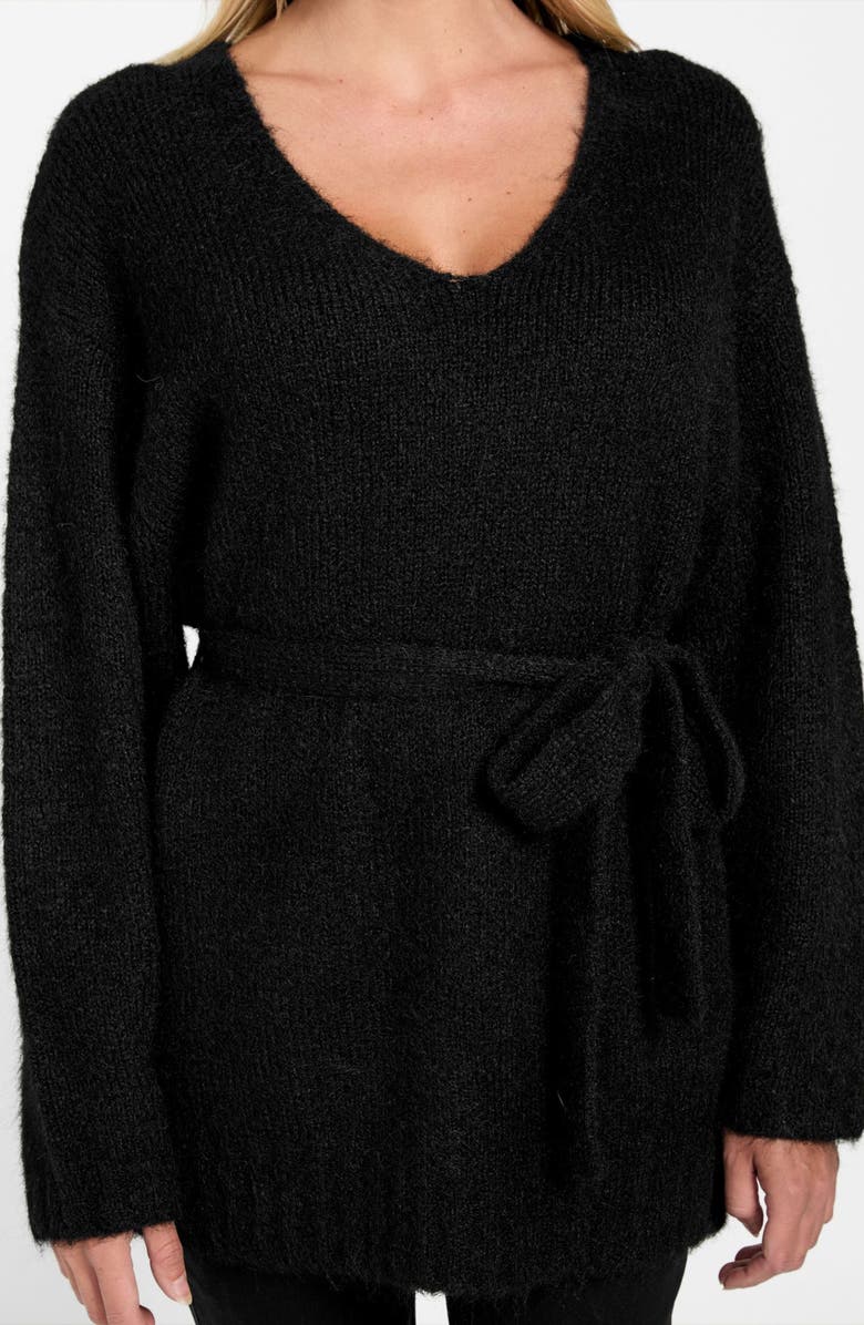 GUESS Kiyoka Tie Waist Tunic Sweater, Alternate, color, Black-Black