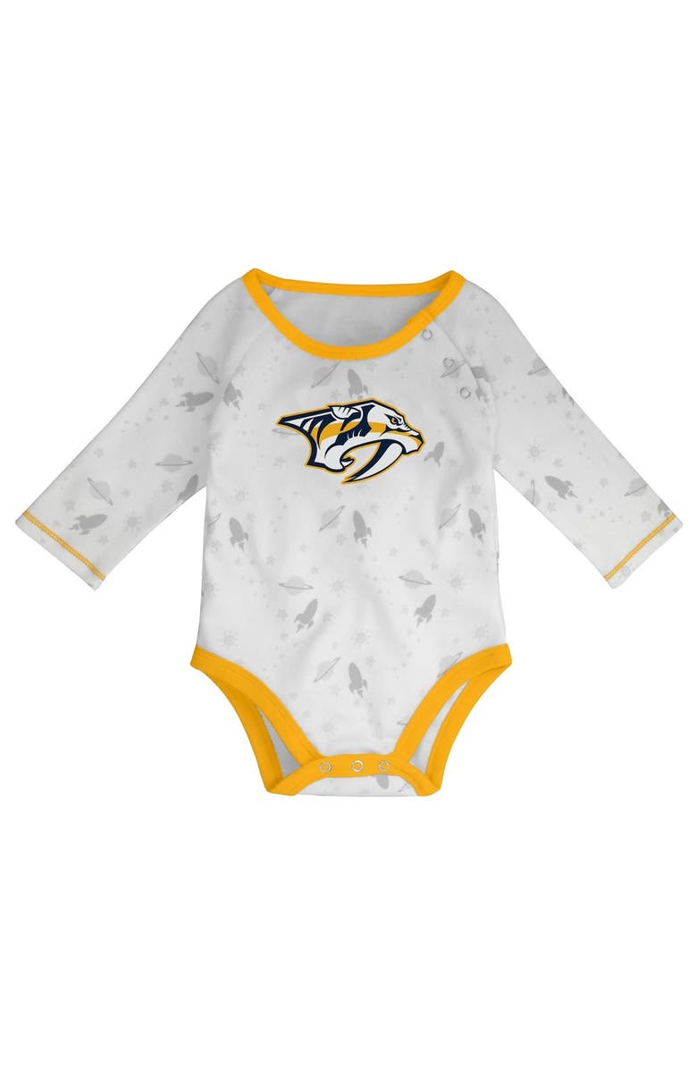 Outerstuff Newborn & Infant White/Gold Nashville Predators Dream Team Hat Pants & Bodysuit Set, Alternate, color, 