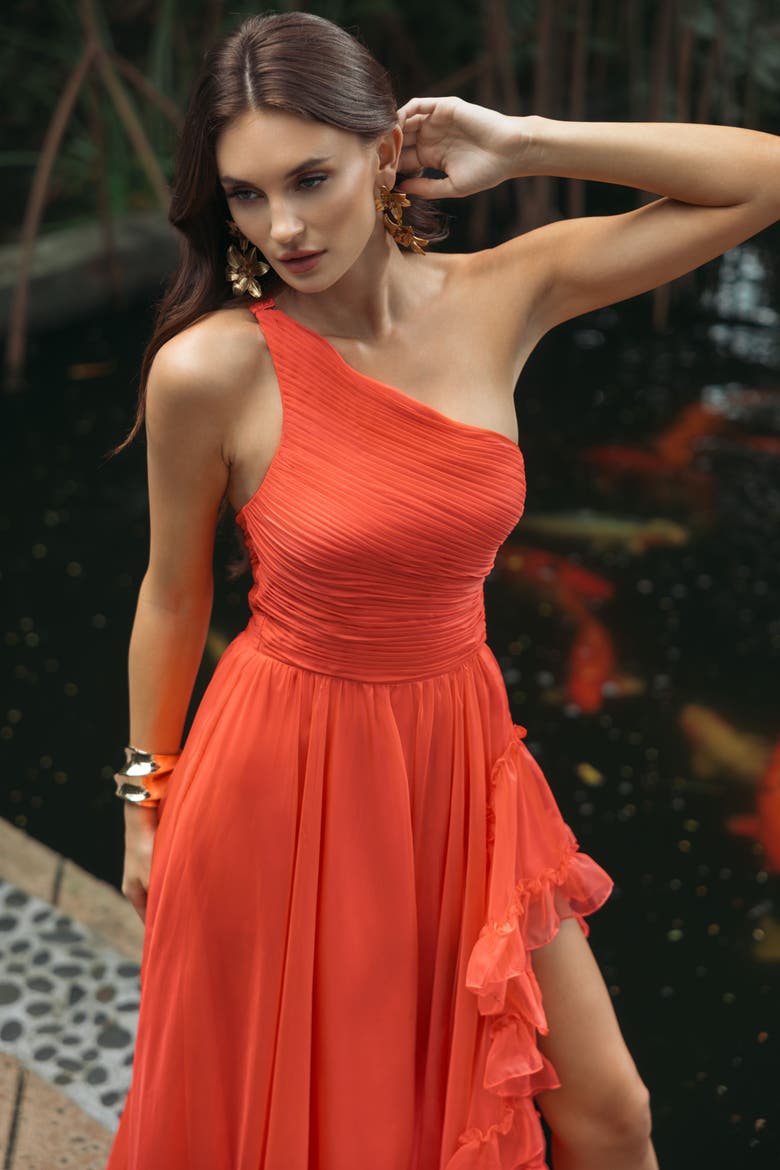 One Shoulder Asymmetrical Ruffle Chiffon Gown, Alternate, color, Tangerine