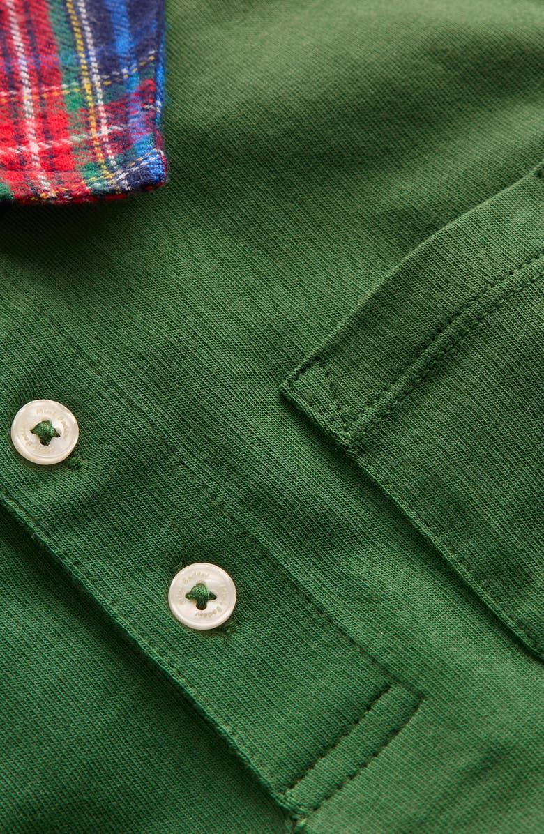 Boden Kids' Plaid Collar Long Sleeve Polo, Alternate, color, Pine Green
