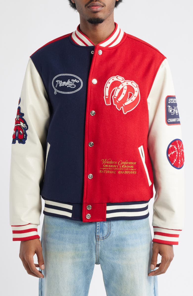 MARKET Old West Varsity Jacket, Alternate, color, Navy / Salsa