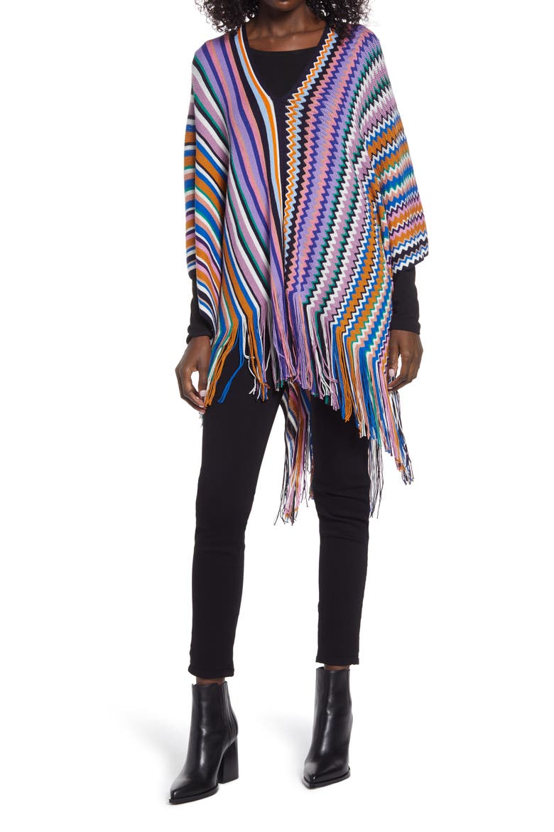 Zigzag & Stripe Wool Blend Poncho, Main, color, MULTI PURPLE