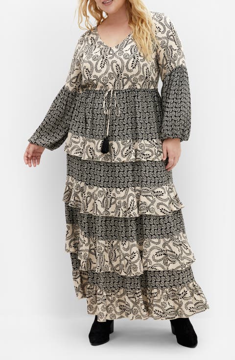 Clementine Mixed Print Long Sleeve Maxi Dress (Plus)