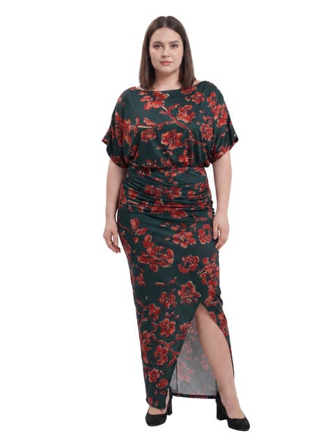 Elevate Womens Short Batwing Sleeve Boat Neck Ruched Waist Long Maxi Dress