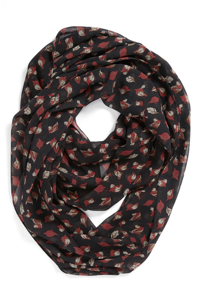 Bird Print Infinity Scarf, Main, color, BLACK