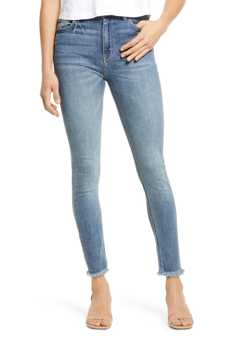High Waist Fray Hem Stretch Ankle Skinny Jeans, Main, color, DARK WASH