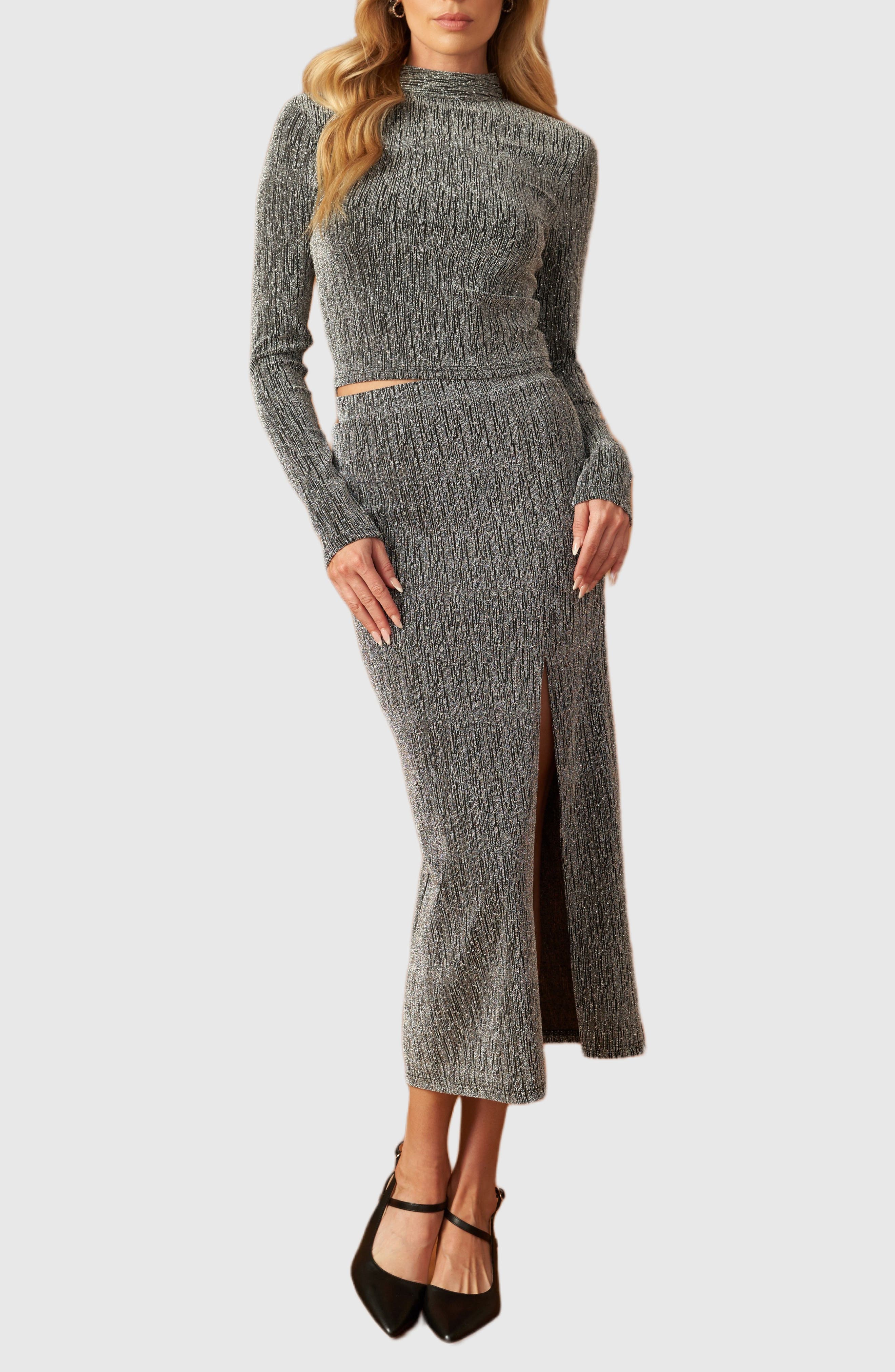 Mock Neck Crop Top & Midi Skirt Set