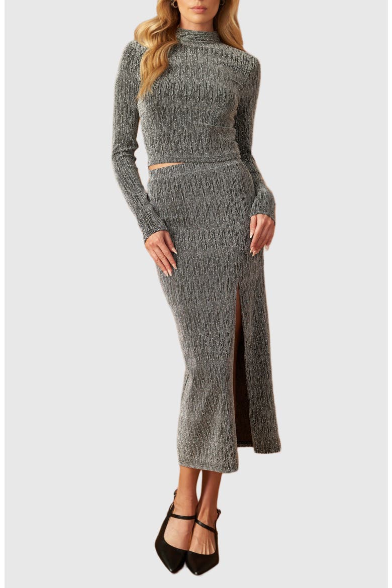 Mock Neck Crop Top & Midi Skirt Set, Main, color, SILVER