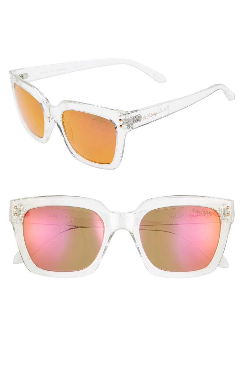 Lilly Pulitzer Celine 54mm Polarized Square Sunglasses, Main, color, CRYSTAL CLEAR/ PINK MIRROR