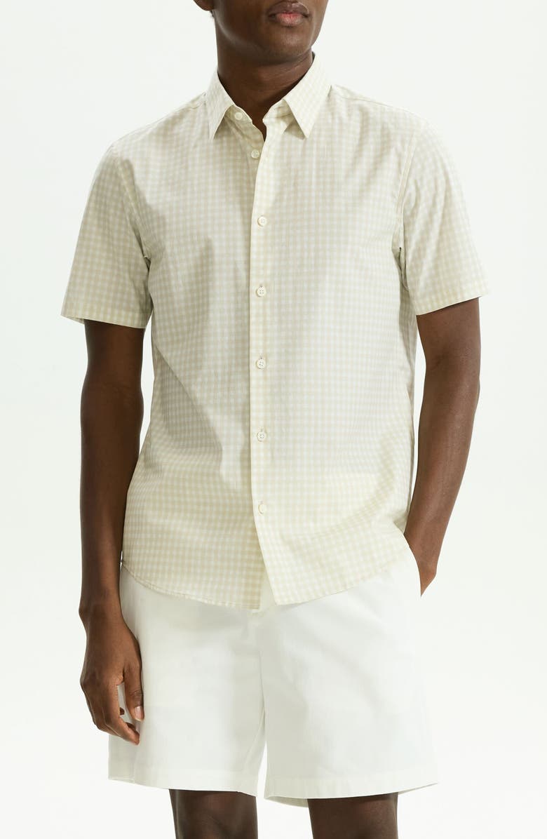 Theory Irving Gingham Short Sleeve Stretch Cotton Button-Up Shirt, Main, color, Sand Multi