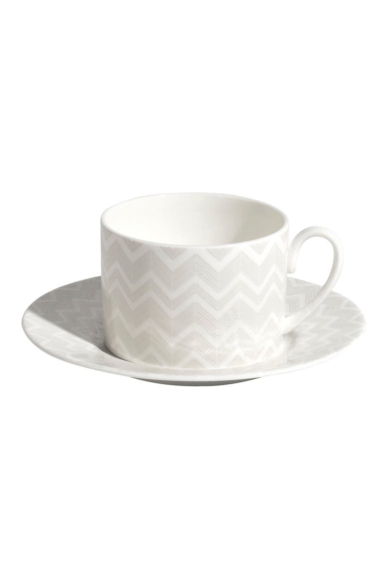 Tea Cup & Saucer ZIG ZAG Set of 6 in Luxury Box White diam. 3.3", H 2.3", cap. 7.5 oz, Saucer diam. 6", Main, color, White