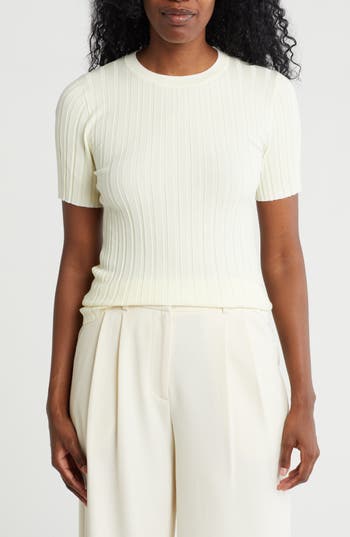 Nordstrom Rack Tipped Short Sleeve Ribbed Sweater In Yellow Pale- Ivory Tipping