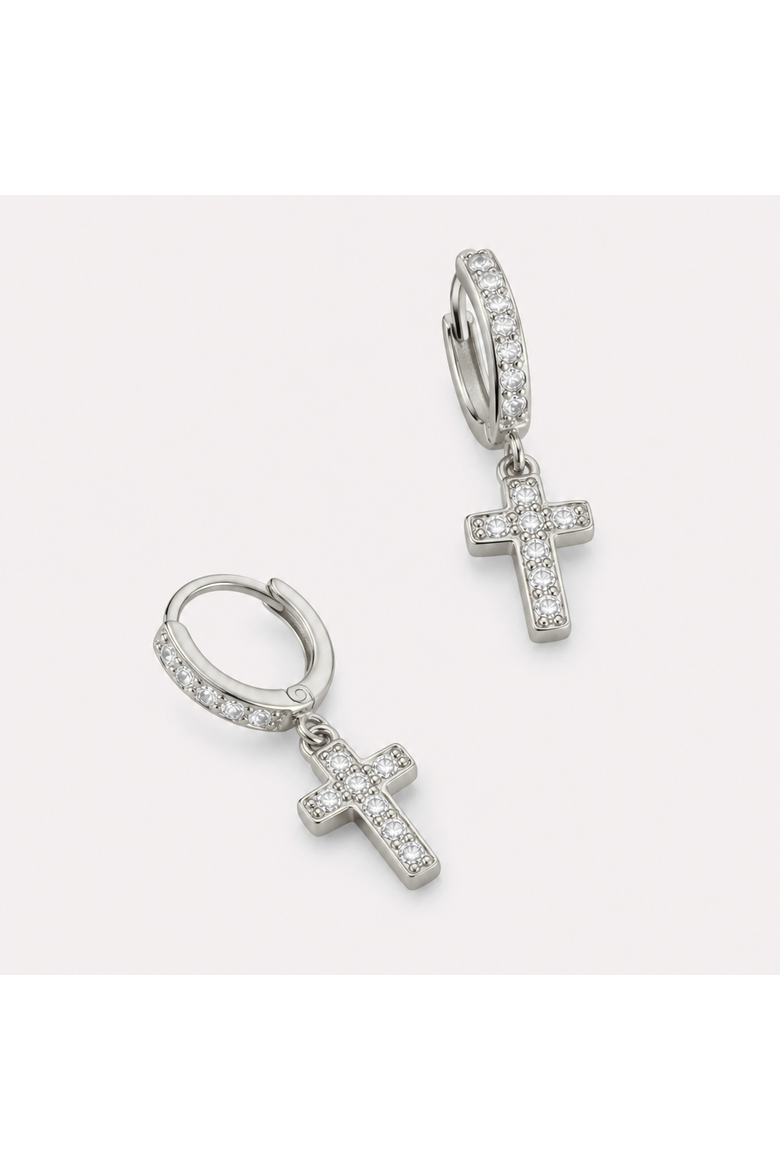 Crystal Cross Earrings, Alternate, color, Silver