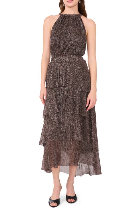 Metallic Plissé Tiered Midi Cocktail Dress