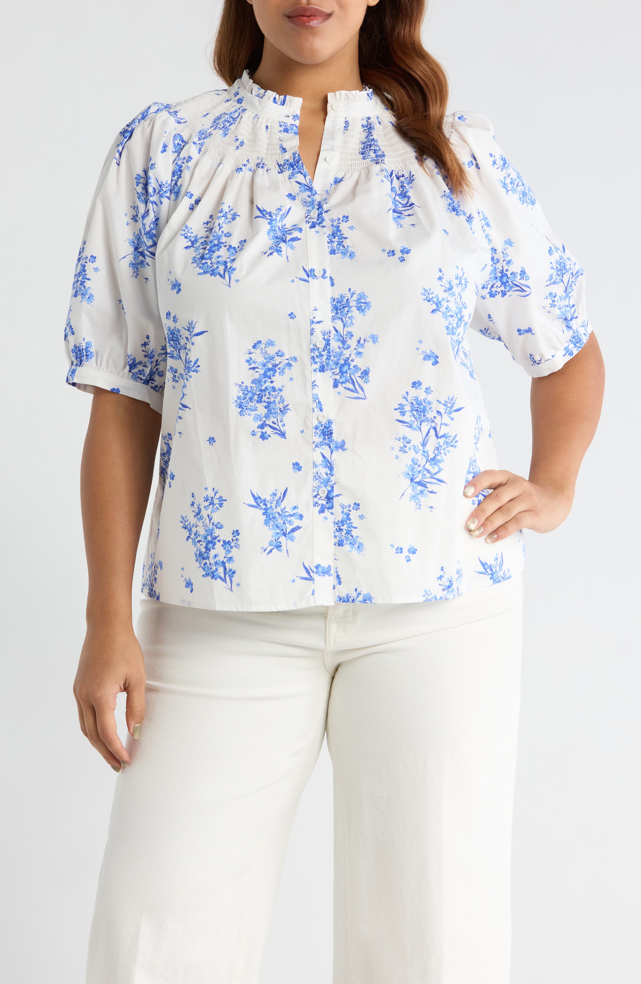 Bestia Floral Smocked Yoke Button-Up Top