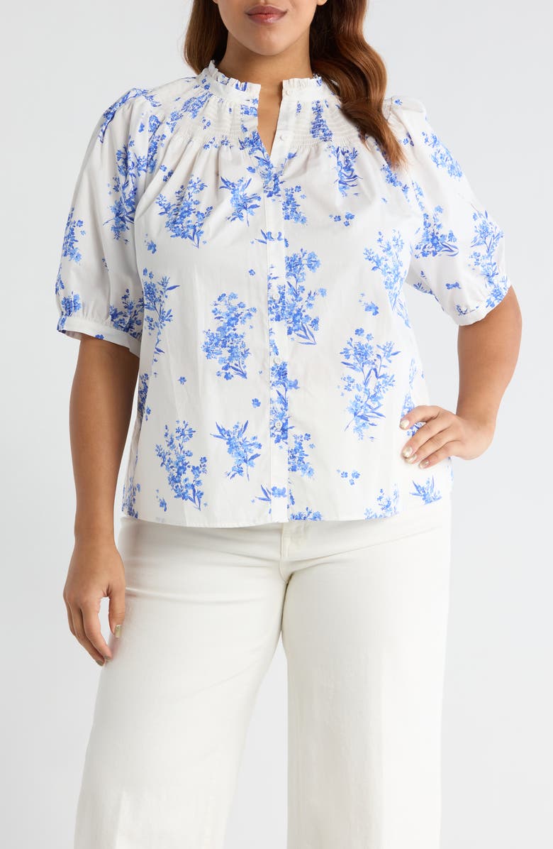 SUGARLIPS Bestia Floral Smocked Yoke Button-Up Top, Main, color, Cream-Blue