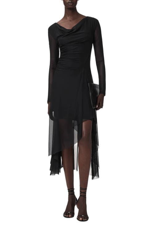 Loria Draped Cowl Neck Handkerchief Hem Dress
