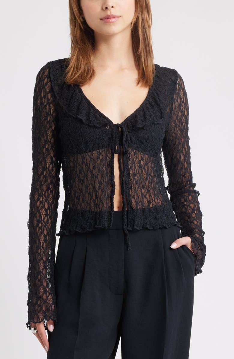 Open Edit Ruffle Sheer Lace Top, Main, color, Black