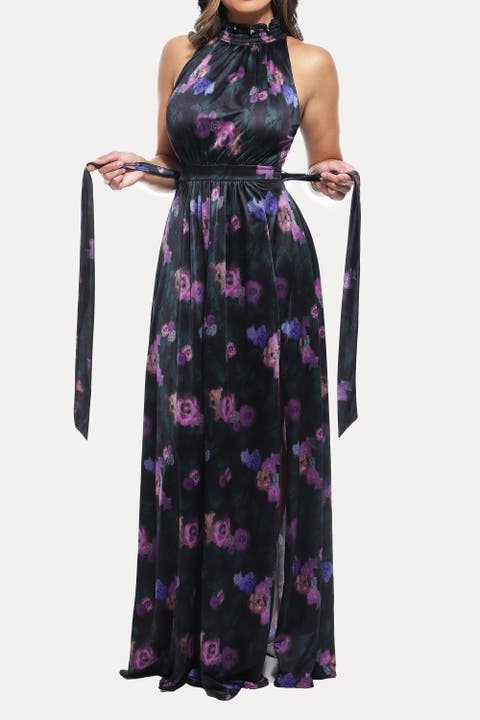 Built-in Shapewear Draped High Neck Maxi Dress