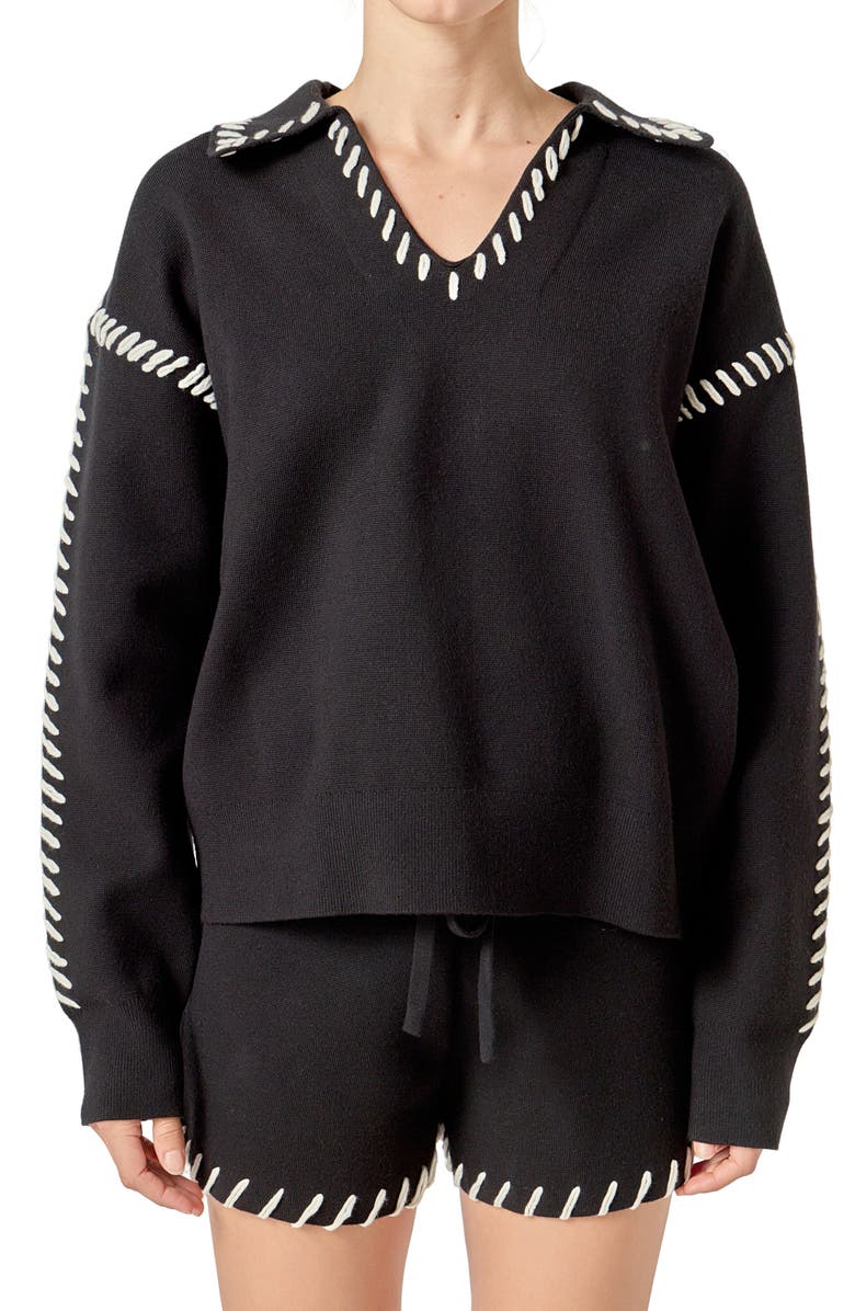 English Factory Contrasting Stitch Relaxed Fit Top, Alternate, color, Black/ White