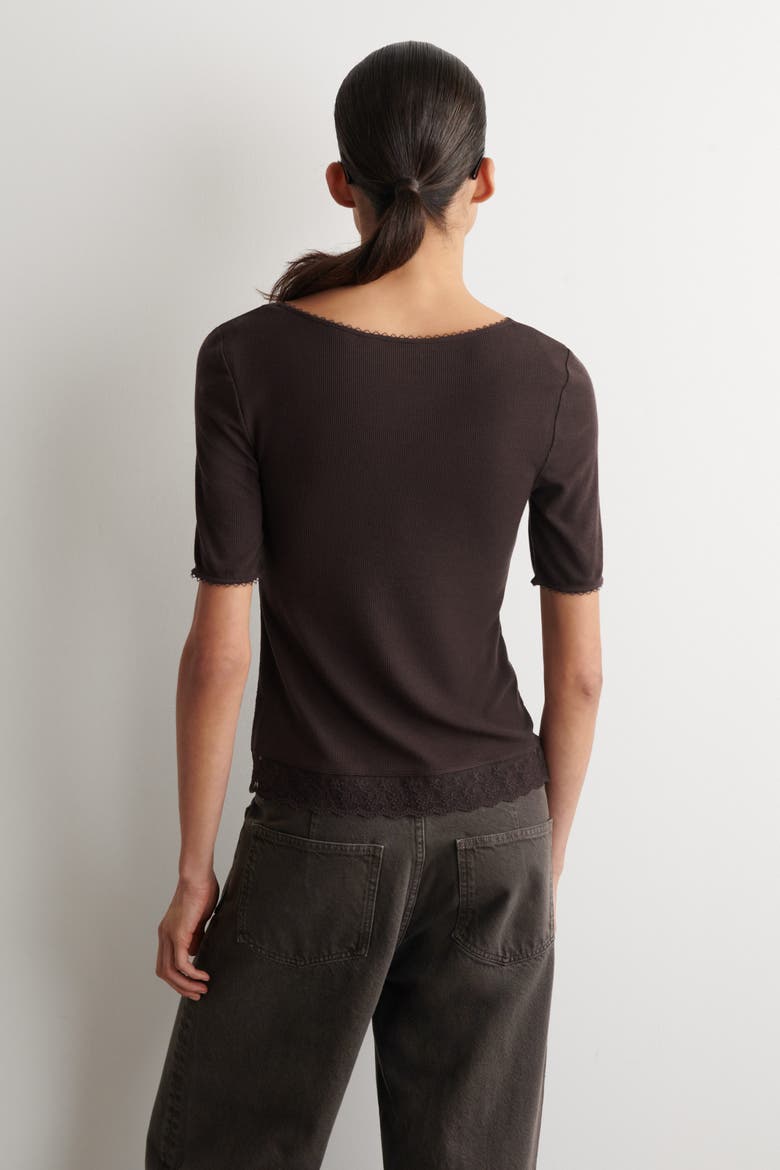 Lace-Trimmed Ribbed V-Neck T-Shirt, Alternate, color, DARK BROWN