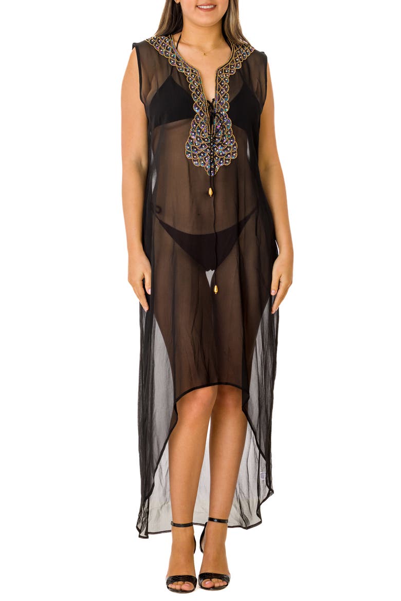 Sleeveless Embellished High/Low Coverup, Main, color, BLACK