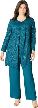 Roaman's Plus-Size 3 Piece Allover Sequin Lace Jacket And Tank Pant Set