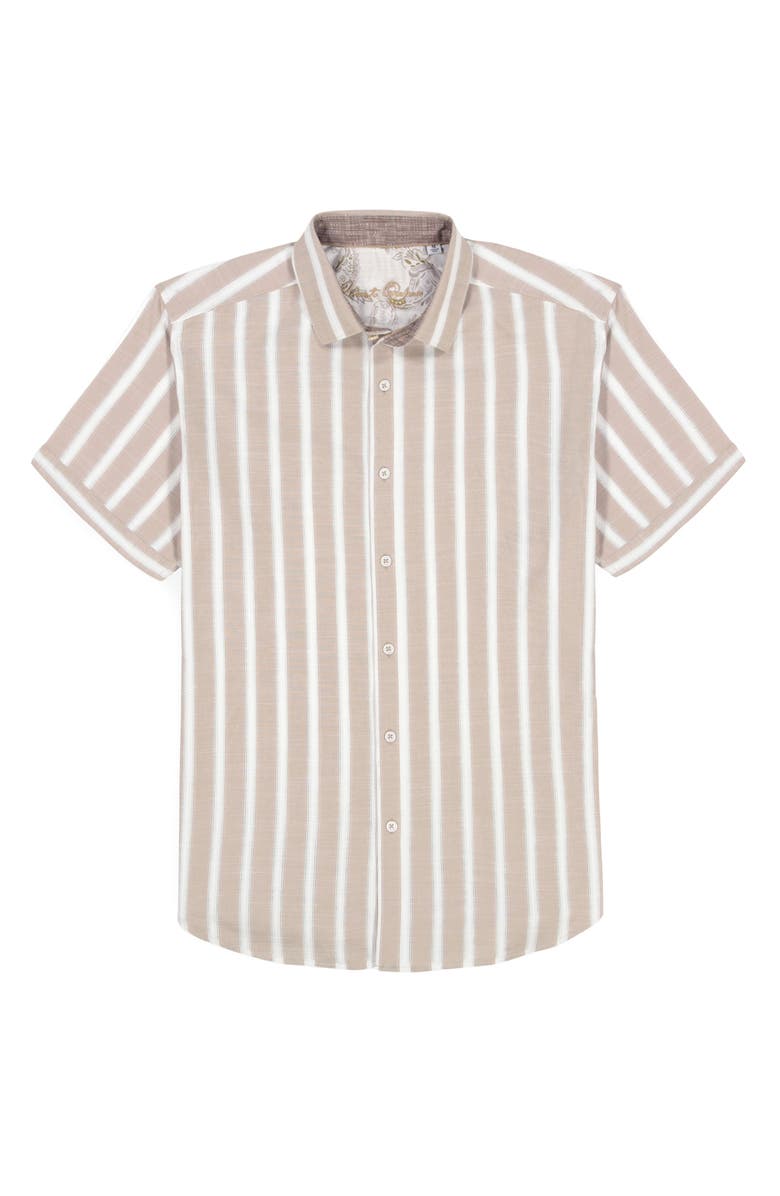 Robert Graham Preston Stripe Short Sleeve Cotton Blend Button-Up Shirt, Alternate, color, Khaki