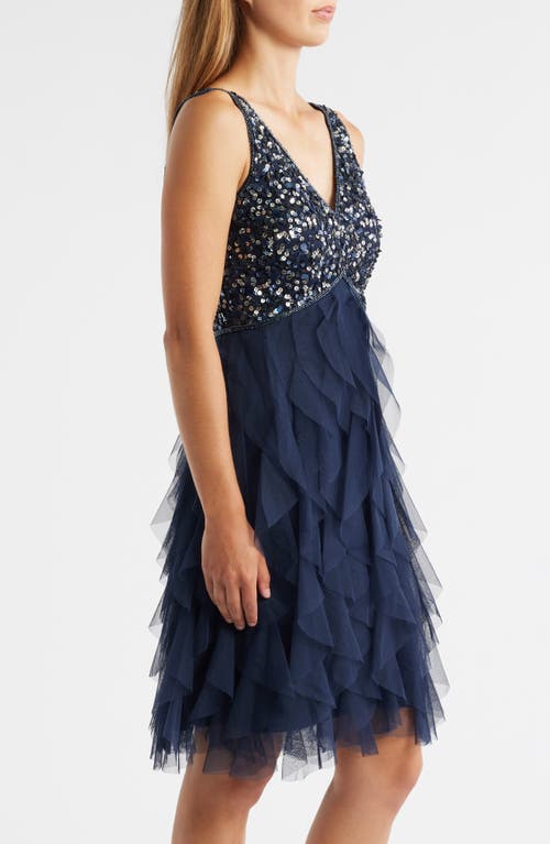 Pisarro Nights Beaded Ruffle Skirt Minidress In Blue