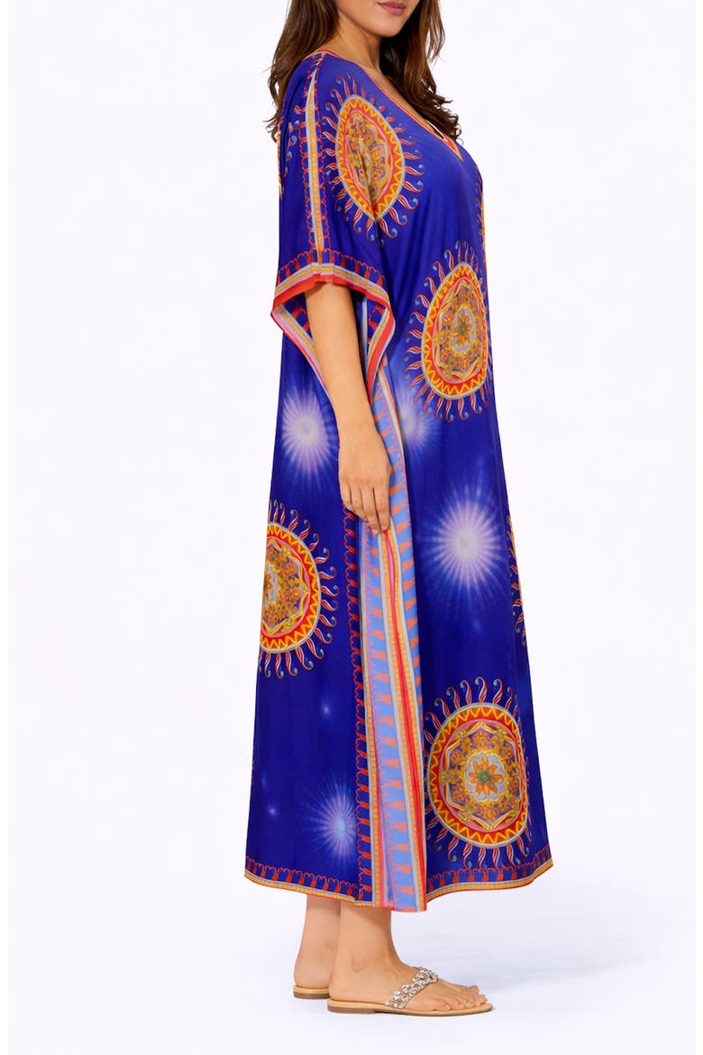 Floral Print V-Neck Maxi Caftan, Alternate, color, BLUE