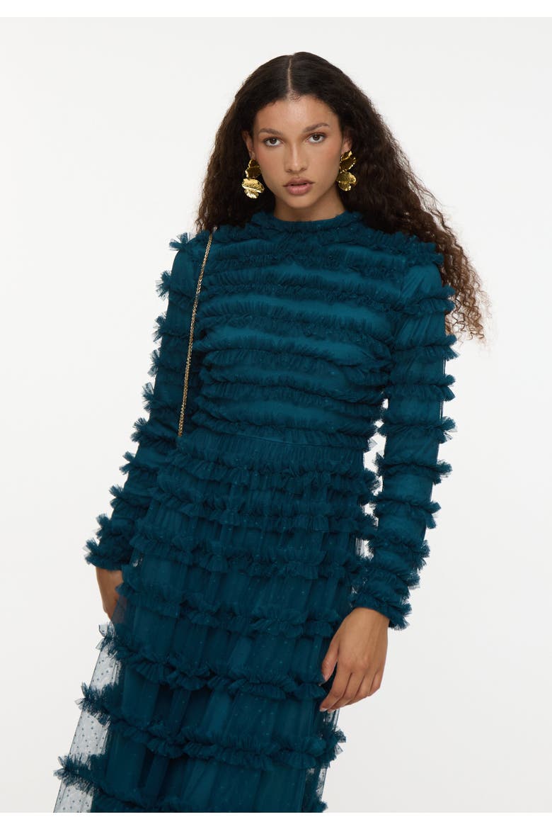 Modest Ruffle Dress Maxi With Flowey bottom, Alternate, color, EMERALD GREEN