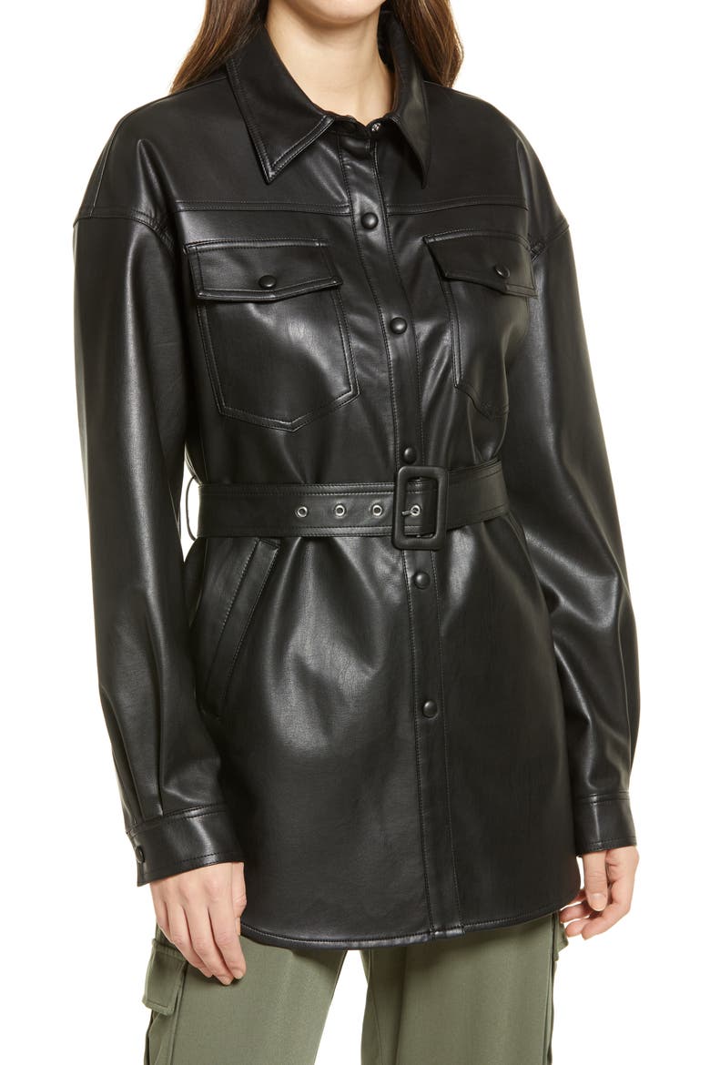 Faux Leather Belted Shirt Jacket, Main, color, BLACK