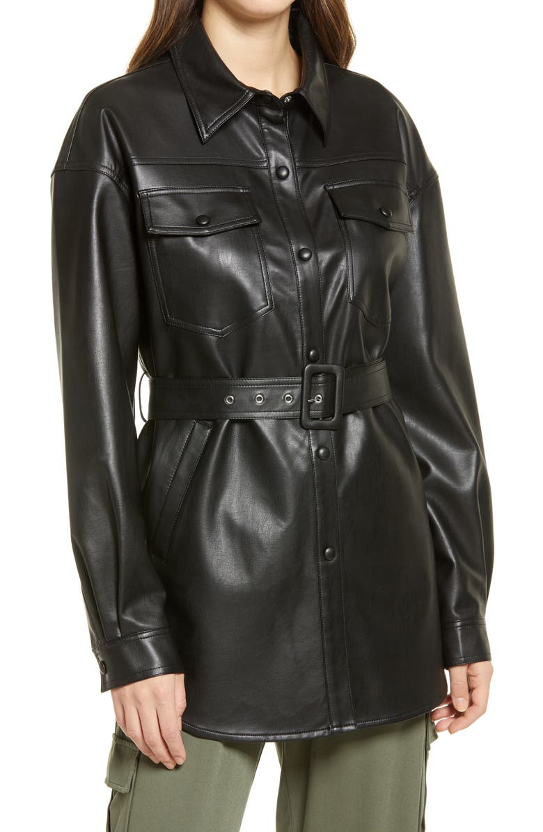 Sanctuary Faux Leather Belted Shirt Jacket, Main, color, Black
