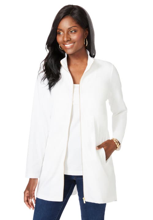 Jessica London Stretch Cotton Zip Front Hi-low Jacket In White