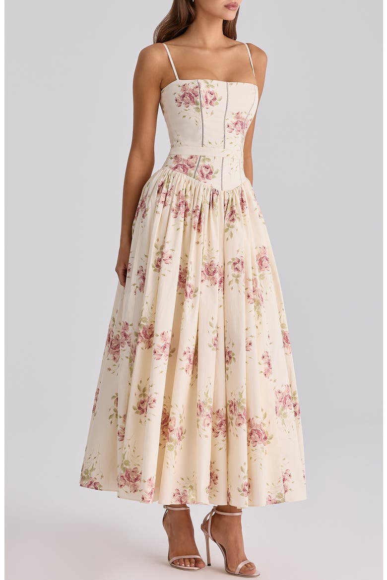 Ysabella Floral Stretch Cotton Maxi Sundress, Alternate, color, IVORY VINTAGE ROSE PRINT