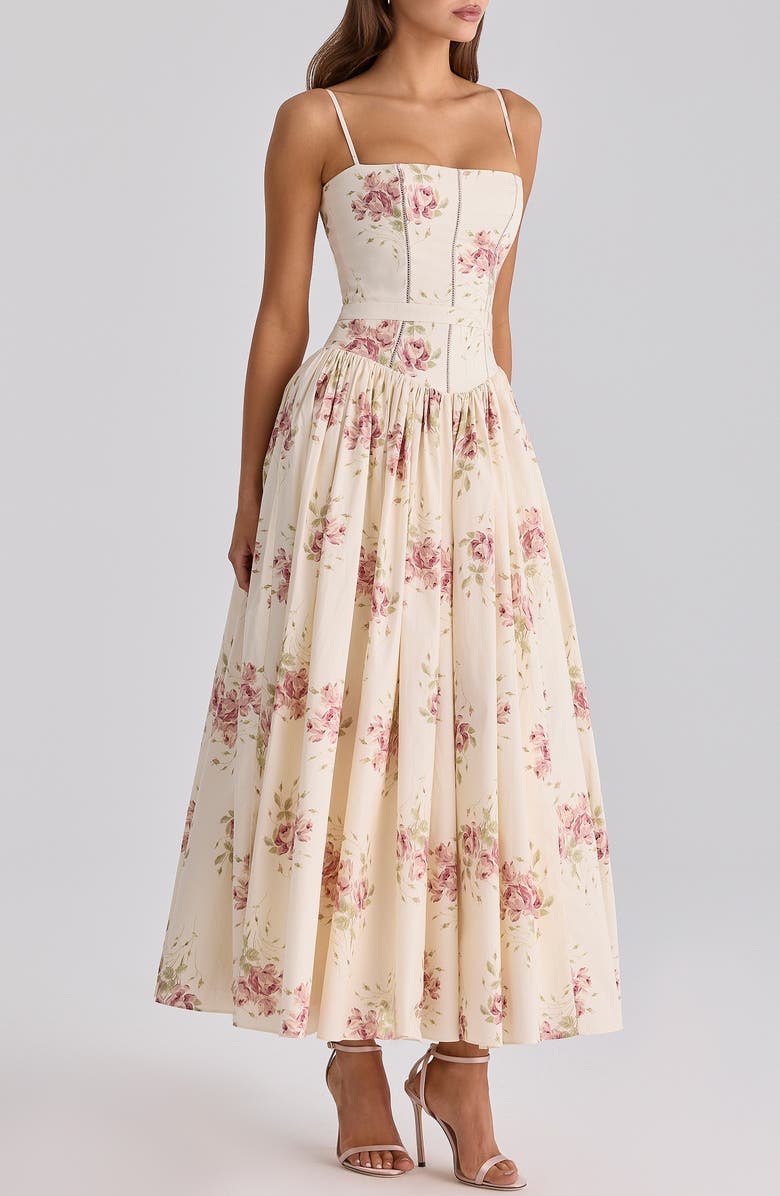 HOUSE OF CB Ysabella Floral Stretch Cotton Maxi Sundress, Alternate, color, Ivory Vintage Rose Print