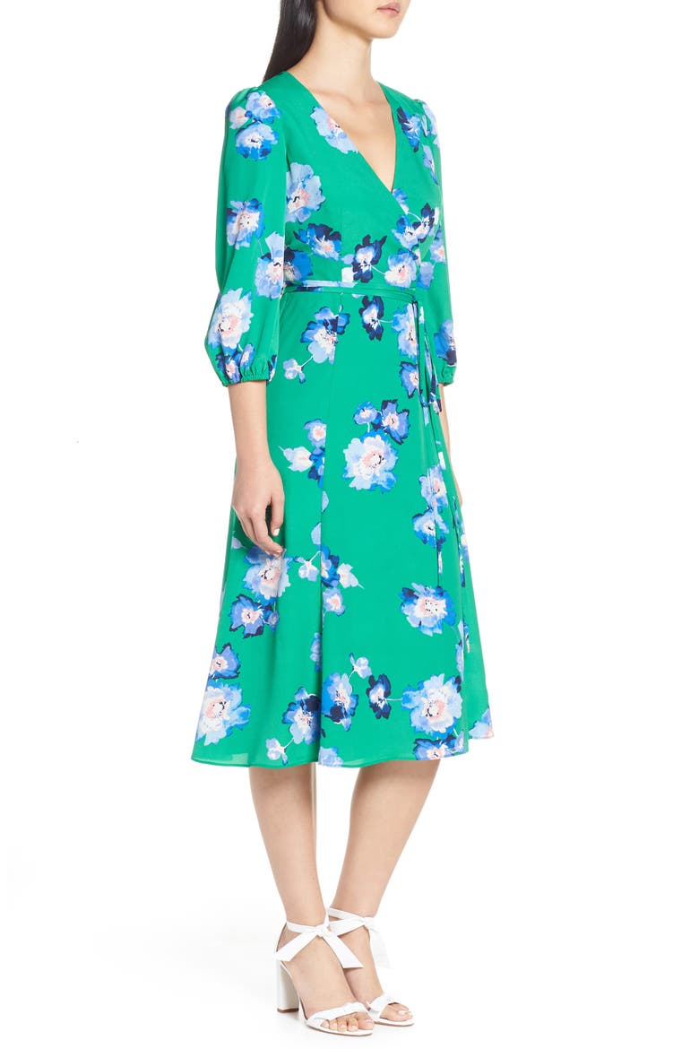 Blouson Sleeve Wrap Midi Dress, Alternate, color, GREEN
