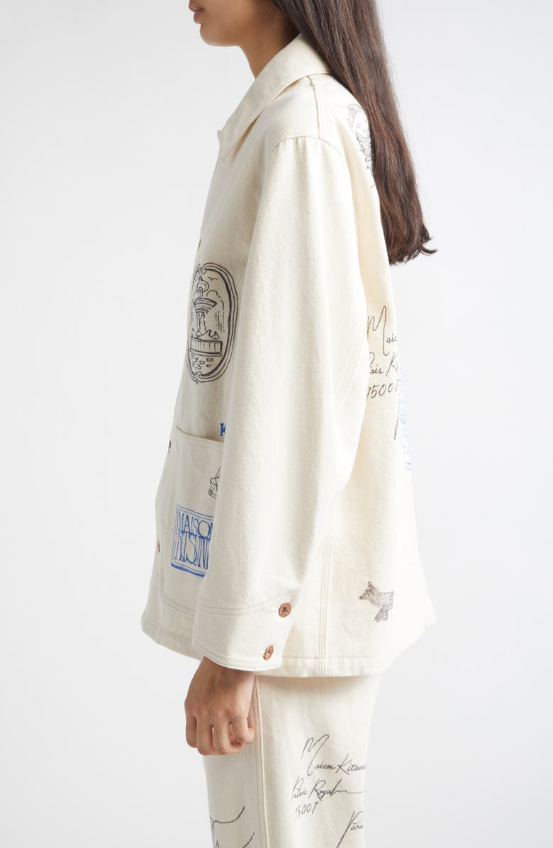 KURO x Maison Kitsuné Hand Painted Postcard Denim Chore Jacket, Alternate, color, Off White