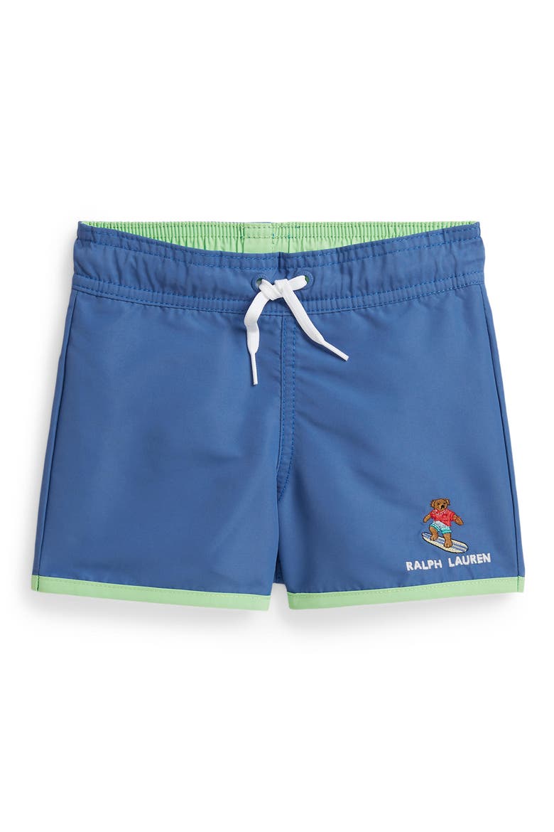 Kids' Embroidered Polo Bear Swim Trunks, Main, color, BAI BLUE