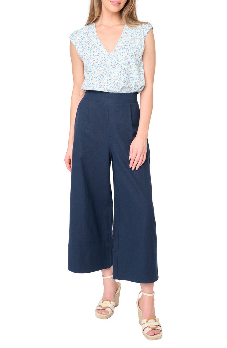 GIBSONLOOK Crop Wide Leg Linen Blend Pants, Alternate, color, Dark Navy