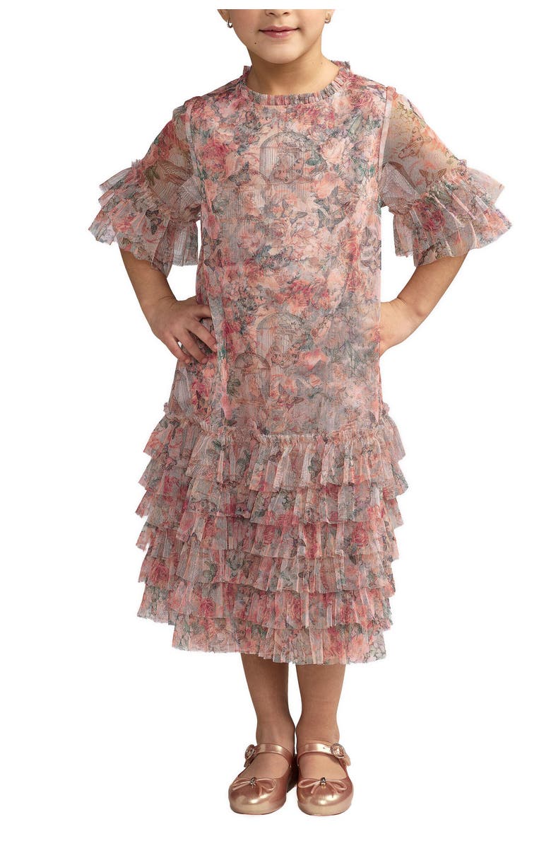 Mac Duggal Girls Floral Printed Short Sleeve Ruffle Dress, Main, color, Pink Multi