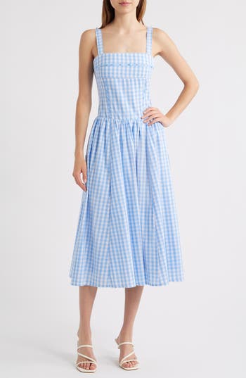 MOON RIVER Cotton Gingham Dress in Light Blue at Nordstrom Rack, Size Large