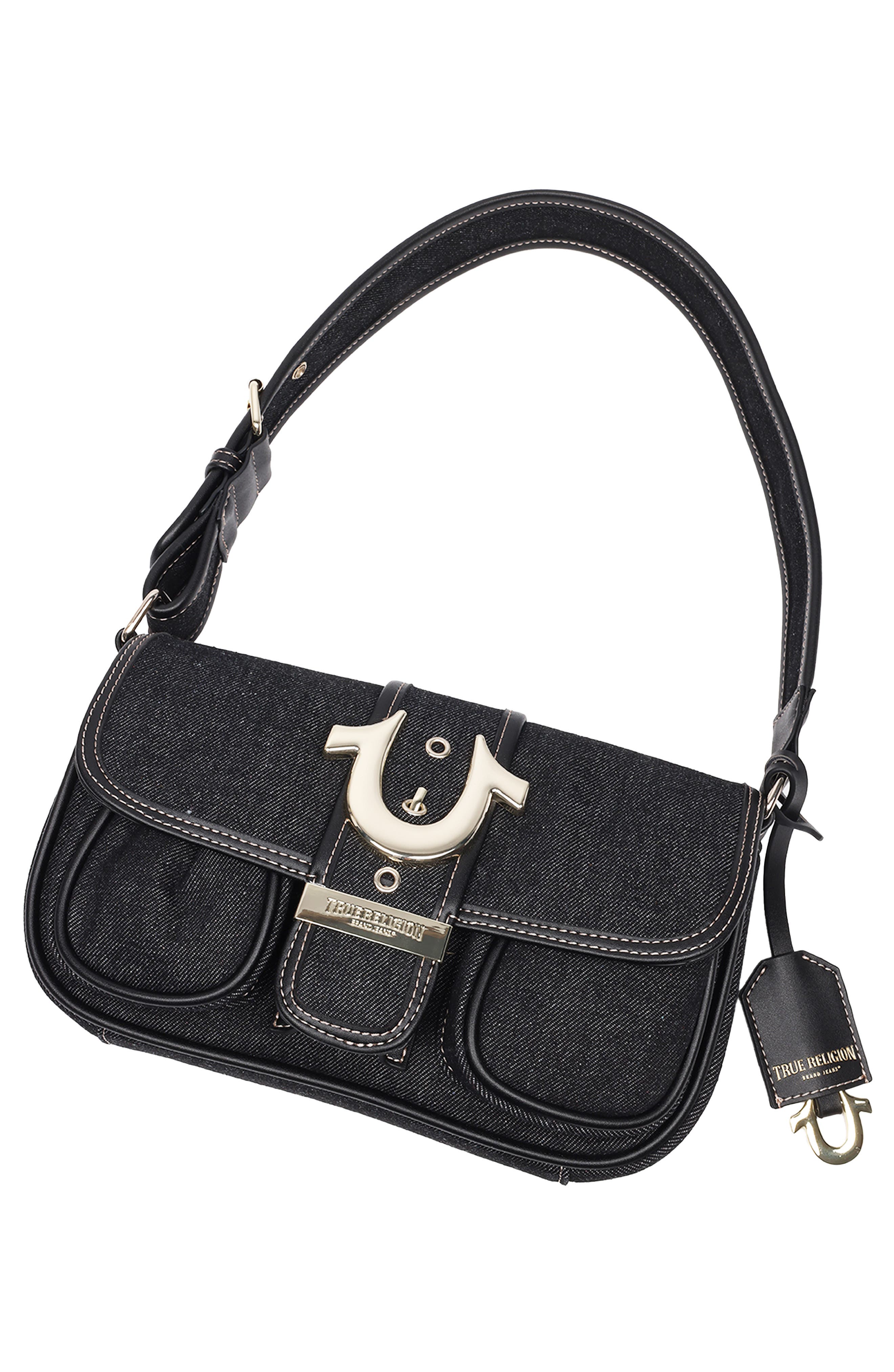 True Religion Double Pocket Denim Satchel, Alternate, color, Black