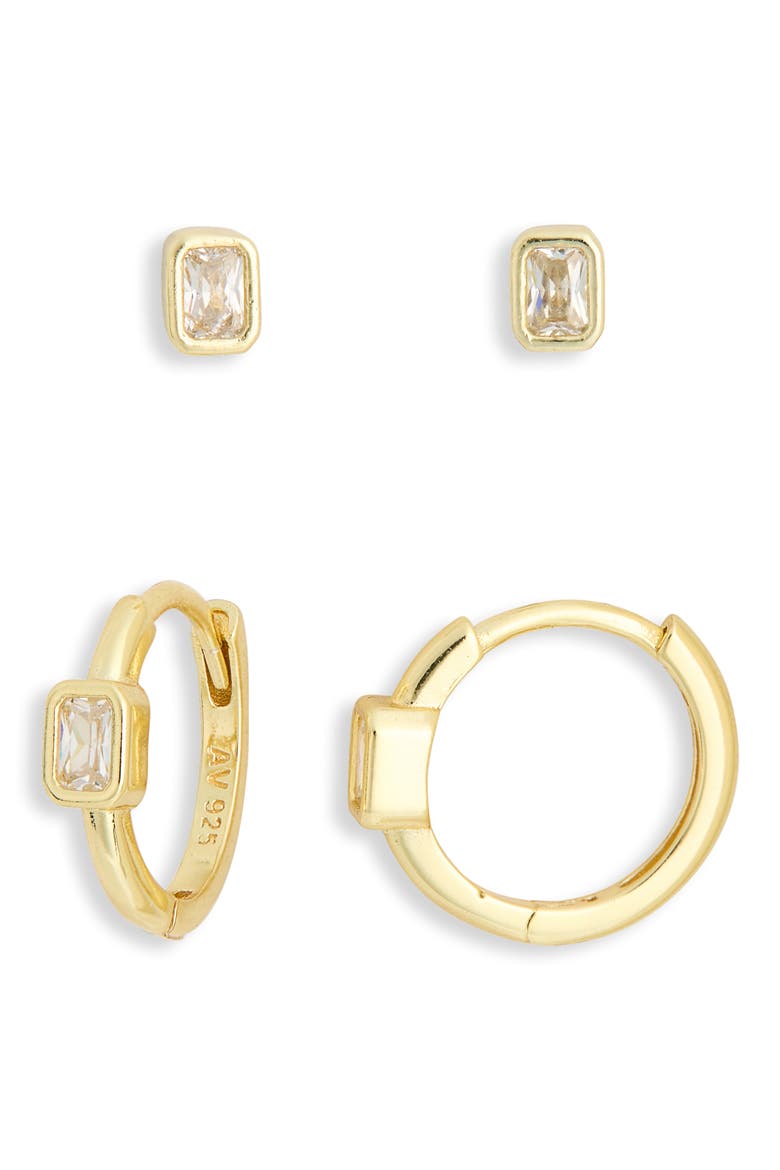 Set of 2 Baguette Cubic Zirconia Stud & Huggie Hoop Earrings, Main, color, GOLD